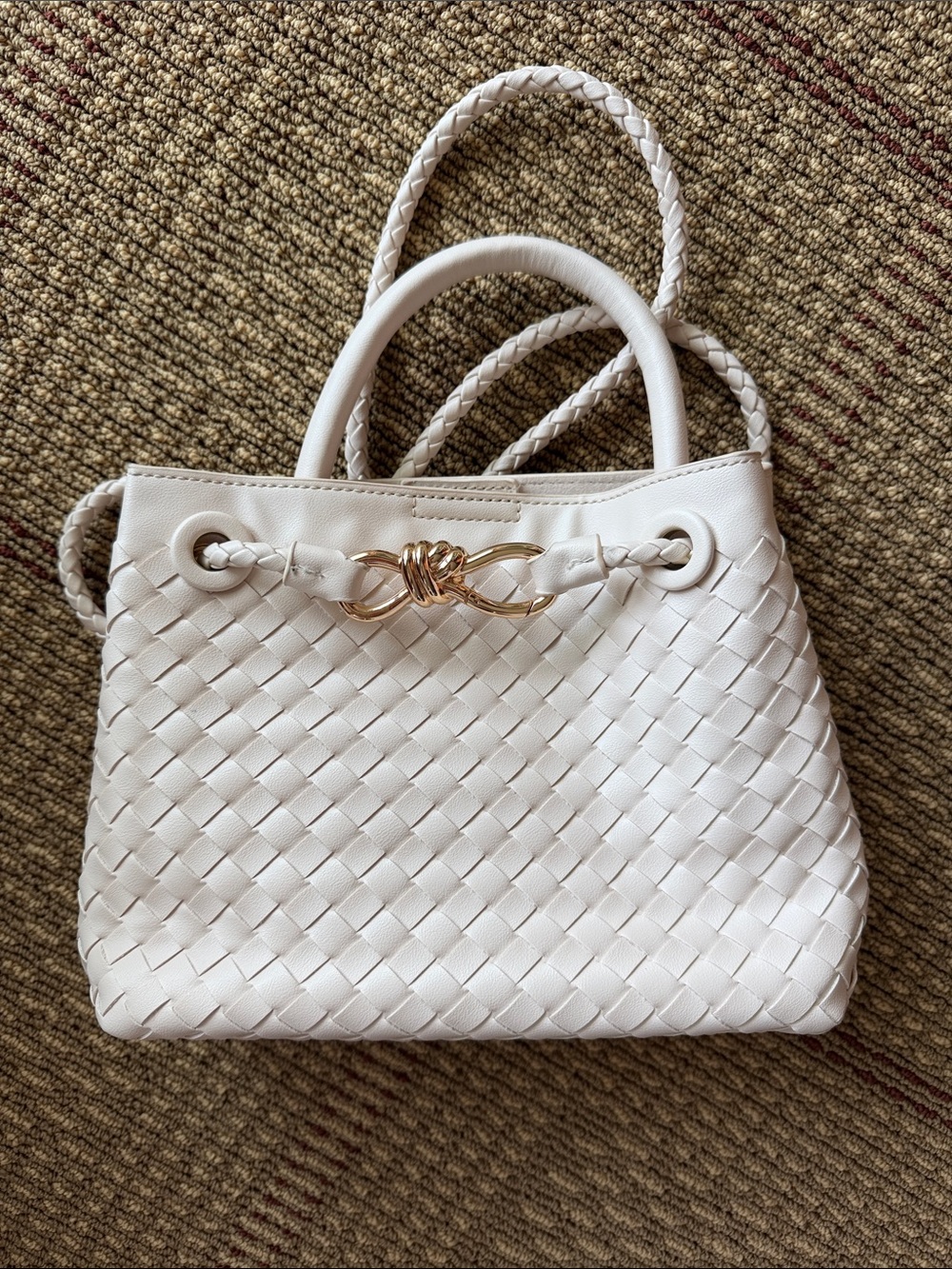 Woven White Tote Handbag with Gold Accent